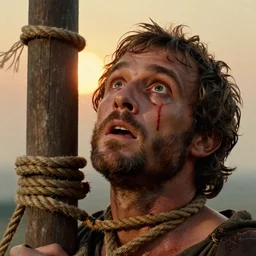 1 9 6 0 s movie still close - up of marcus atilius regulus tied with ropes at a pole with his wide open eyes looking at the burning sun, bleeding, cinestill 8 0 0 t 3 5 mm eastmancolor, high quality, heavy grain, high detail, texture, dramatic light, anamorphic, hyperrealistic, detailed hair