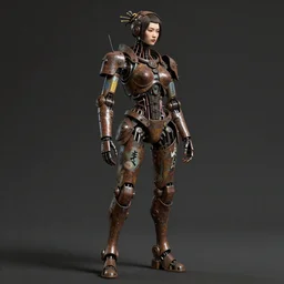 Techno-biological rusty robot geisha consisting of wires and actuators. Biopunk, body armor, high detail, photorealism, full length view, concept art, dark background, Dan Mumford, Quixel Megascans, kanji tattoos and decals, octane render, 16k, 8k