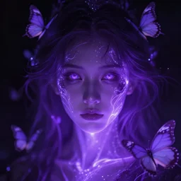 closeup portrait of an ethereal person made of purple light, divine, cyberspace, mysterious, surrounded by butterflies, dark high-contrast concept art, trending on Artstation