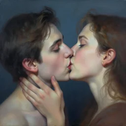 a portrait of a kiss painted by rob gonsalves, surrealistic, good light, magical atmosphere.
