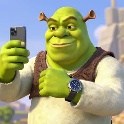 shrek take a selfie, he is flexing about his new watch