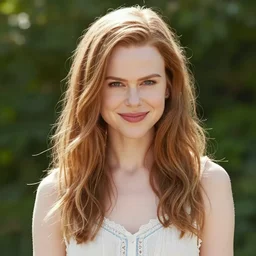 an amused young woman who looks like a cross between nicole kidman and millie bobby brown. flirty. summer.