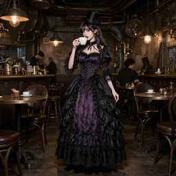 full body portrait photo of reol wearing a elegant gothic dress, open top, wearing a mini top hat, drinking coffee in a ( ( busy ) ) steampunk cafe interior, dim studio lighting, at night, ( ( photograph ) ), moody, realistic, detailed, low light