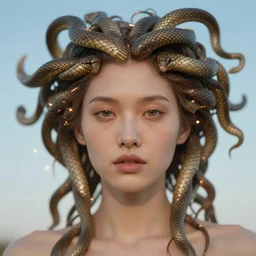 muted, minimal, a cyberpunk close up portrait of cyborg medusa, electricity, snakes in hair, sparks, bokeh, soft focus, skin tones, warm, sky blue, daylight, by paul lehr, jesper ejsing