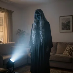 coloured atmospheric photo of a realistic banshee transparent smoky in a interior of living room flashlight light