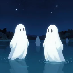 ghosts on the middle of lake, night sky, stars, by james jean and david diao