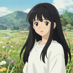 beautiful anime girl with long black hair and bangs, wearing a white sweater, fine details portrait, a field of flowers and mountains in background, bokeh. anime masterpiece by Studio Ghibli. illustration, sharp high-quality anime illustration in style of Ghibli, Ilya Kuvshinov, Artgerm