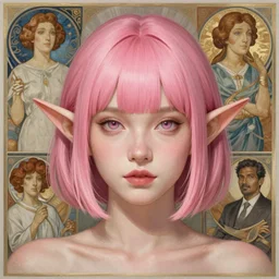 portrait of a pink short haired till shoulder half elf with bangs, intricate, elegant, highly detailed, my rendition, digital painting, artstation, concept art, smooth, sharp focus, illustration, art by artgerm and greg rutkowski and alphonse mucha and uang guangjian and gil elvgren and sachin teng and wlop, symmetry!!