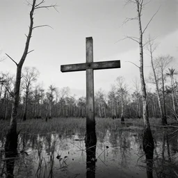 a cross in a swamp, black and white photo