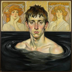hyperrealist painting portrait half body shoulder submerge in a black waves, wet by lucian freud and alphonse mucha,, very detailed faces