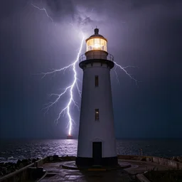 lightning striking a lighthouse off the coast