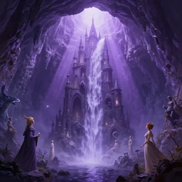 a mystical fairy city in the amethysts wall of a dreamy waterfall cave with and lilac sunrays, trending on artstation, concept art, matte painting, by giger, by degas, by goya, by munch 8 k