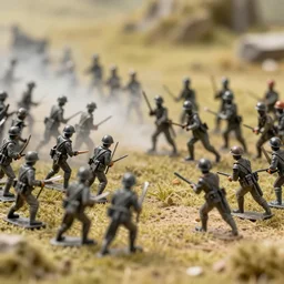panoramic shot of toy soldier battle, photorealistic, 4 k