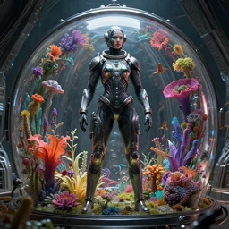 octane render by wayne barlow and carlo crivelli and glenn fabry, a woman in a skintight shiny black spacesuit with intricate iridescent metal detailing, covered in bright colorful alien flora and fauna inside a massive cavernous metal dome, cinema 4 d, ray traced lighting, ultra - detailed, volumetric lighting
