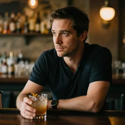A man sitting in a bar staring off into his drink while he ponders about life, 50mm Sigma lens