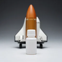 symmetrical photo of small white plastic bottle standing in front space ship, products shot