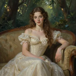 the queen of good vibes sitting by herself on a sofa in a forest, drawn by CloverWorks, intricate detail, elegant, beauty
