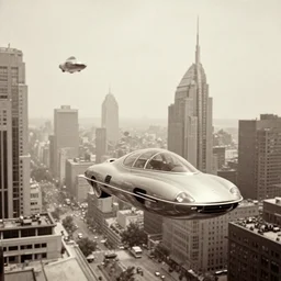 70s vision of a futuristic city with flying cars, 1900s photography