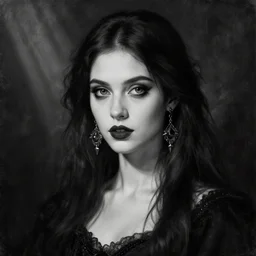 digital and traditional art painting portrait of elegant gothic lady with earrings, black and white, high detail, textured, by caestrad, young, dark background, mystic, goddess, perfect lighting, high contrast, arstation, artgerm, wlop, soft - focus, lightrays