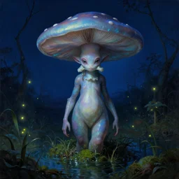 a close - up rococo portrait of a futuristic iridescent mushroom alien elf - like creature standing in water, moss, and swamp. fireflies night time. rich blue colors, high contrast. gloomy, highly detailed 1 8 th century sci - fi fantasy masterpiece painting by jean - honore fragonard, moebius, and johfra bosschart. artstation