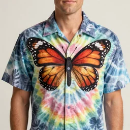 a man wearing a tie dyed Hawaiian shirt with butterfly wings, phot realistic, natural lighting, matt finish