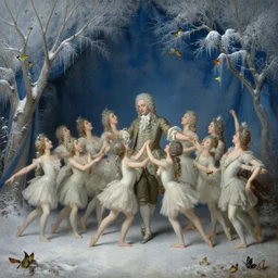 polovstian dances and chorus, tiny faeries, butterflies, dry trees, winter blue drapery, very light snow, icicles, stoic, light dust, magnificent, hyperdetailed, theatrical, close up, masterpiece, painted by jean honore fragonard and greg rutkowski