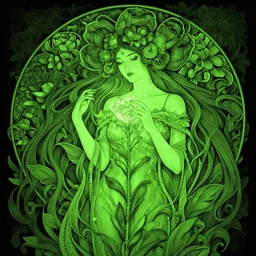 woman, magical, flower, bright castleton green, detailed intricate ink illustration, dark atmosphere, detailed illustration, hd, 4k, digital art, overdetailed art, concept art, by greg rutkowski, by Alfons Mucha, complementing colors, Trending on artstation, deviantart