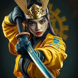photorealistic portrait of a beautiful, female samurai warrior, holding sword in right hand, fighting body position, goth punk, vibrant yellow, blue, colors, surreal, a french baroque by by alexander mcqueen, octane render, hyper detailed, cinematic lighting