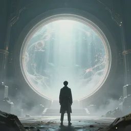 back view of a lone!!!!!!!!!! man!!!!!!!!!! standing in front of an interdimensional warp gate, a magical round gate, dreamy, ethereal, concept art by greg rutkowski and dan mumford, highly detailed, trending on artstationhq