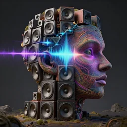 highly detailed surreal surreal vfx portrait of a landscape of recursive speakers forming a 3 d head. a head made of speakers expressing polyphonic ecstacy. frequency, cymatics, oscilloscope, vibrations, pulse projections, sonic love power. ornate, hyperrealistic, octane render, chiaroscuro, inspired by greg rutkowski, android jones, beeple, rhads, shaun tan, frostbite 3 rendered
