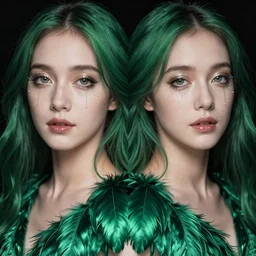 beautiful symmetrical portrait of a woman with green hair, feathered silk dress, sparkling eyes, runny make up by luis royo and alan lee