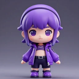 portrait of a anime and chibi very cute doll with purple jacket design by xkung work, nendoroid, kawaii, cyberpunk fashion, character modeling, 7 0 mm lens, maximalist sculpted design, toy design, substance 3 d painter, vray, soft vinyl, trending in artstation
