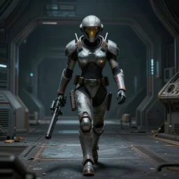 character portrait of helmeted samus aran from metroid, walking cautiously in a desolate space station, holding a large gun in one hand with the other hand balancing it, moody lighting, moody colors, 8 k, horror movie elements, tension building scene, ussg ishimura, dead space