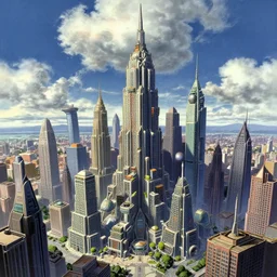 ultra wide angle concept art image of an intricate detailed dmt skyscraper amidst a futuristic city against a fantastic cloudy sky, by sid mead, by andrei tarkovsky, by denise scott brown, by studio ghibli, anime cell shaded