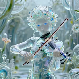 a girl, with clear porcelain skin and blue eyes, playing a violin made of glass, beautiful violin, refraction, fractal flowery hair and slender hands, in a fractal garden, unreal engine, 8 k render, beautiful, full frame,