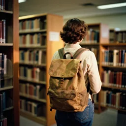 a 3 5 mm colorful photo from the back of a woman wearing a backpack standing in front of a bookshelf full body at a library on a college campus in the 1 9 5 0 s, bokeh, canon 5 0 mm, cinematic lighting, dramatic, colored film, photography, golden hour, depth of field, award - winning, 3 5 mm film grain, retro, closeup