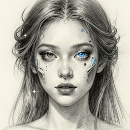a sketch drawing, ultra detailed, portrait, mystical, cyber, fantastic, magic, beautiful eyes, beautiful woman, surreal, trending on artstation