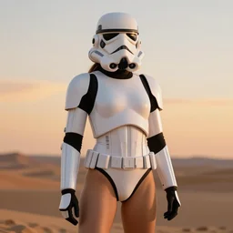 a portrait of a beautiful female stormtrooper, hourglass figure, swimsuit issue style, hyperrealistic, hdr, 8 k, volumetric lighting, tatooine sunset, bokeh, beautiful details