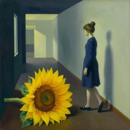 a painting of a girl with her hair up, walking in a hallway and suddenly finds a giant sunflower on the floor blocking her way, a highly detailed edward hopper painting, by adrian ghenie and gerhard richter. art by remedios varo. masterpiece, flat surreal design with deep colours. 8 k. artstation
