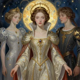 beautiful young medieval queen by chie yoshii, iris van herpen, jean delville, james jean, visionary, symbolist