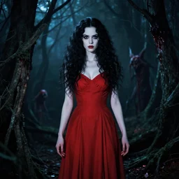 rei hiroe, full body, pretty alyson hannigan, evil dead demon, evil dead movie, red dress, symmetrical eyes, symmetrical face, long curly black hair, trees, forest, branches, cinematic lighting, evil dead creature, scary, blood