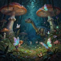 a whimsical painting of fairies and butterflies with iridescent wings in a jurassic garden world with dinosaurs. giant mushrooms. night time. bioluminescent glow. dark atmosphere. high contrast. pulp - science fiction art. fantasy art. highly detailed. 4 k. trending on artstation