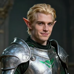 portrait, fantasy dwarf cleric, young adult, no beard, short blonde hair combed to one side, silver and emerald breastplate, clean shaven, slightly smirking, style by donato giancola, wayne reynolds, jeff easley dramatic light, high detail, cinematic lighting, artststion, dungeons and dragons