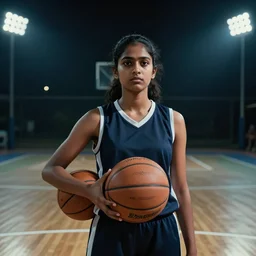 an indian girl holding a basketball in a basketball court at night, resolute expression, inspirational, stadium lights, cinematic, 4 k, dramatic composition, digital cinematography