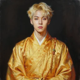 very detailed masterpiece painting of Jimin from BTS as a golden robe monk from BTS, featured in artstation, concept art by Greg Rutkowski, WLOP, Dan Mumford, Christophe Vacher