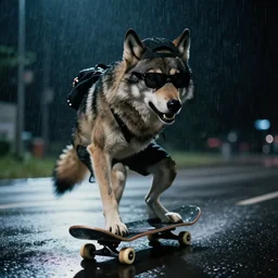 an anthropomorphic male wolf riding on a skateboard, black sunglasses!, black backwards cap!!, night, rain, cinematic, photograph, volumetric lighting, f 8 aperture, cinematic eastman 5 3 8 4 film, photorealistic