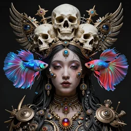 symmetrical, centered, goddess close-up portrait wigh crown made of skulls. phoenix betta fish, phoenix, bioluminiscent creature, super intricate ornaments artwork by Tooth Wu and wlop and beeple and Dan Flavin and David Spriggs and Daniel Buren and greg rutkowski