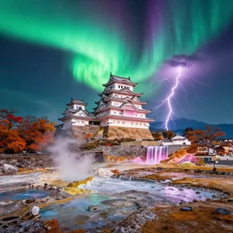 himeji castle on danakil depression of the place with acid pools in mount roraima during autumn season on an interstellar aurora borealis with heavy thunder and lightning, pink waterfalls, by peter mohrbacher, james jean, james gilleard, greg rutkowski, vincent di fate, rule of thirds, octane render, beautiful landscape