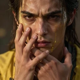 epic masterpiece torment, drama, sweaty skin, hyperrealistic, octane render, cinematic, beautiful face and flawless skin, perfect hands, 5 fingers,  yellow by Edgar Maxence and Ross Tran and Michael Whelan, Legends of Runeterra