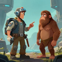 a futuristic time traveller explaining the future to a confused neanderthal, digital art, trending on artstation